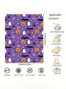 1 pieza Manta de Halloween, manta de forro polar suave y cálida con estampado de murciélagos, arañas y calabazas, para sofá, oficina, cama, camping, siesta, manta multiusos para todas las estaciones, regalo
