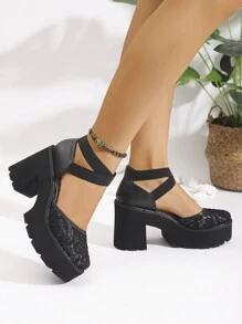 2024 Spring/Autumn European Fashion Thick Sole Hollow Lace-Up Shoes, Buckle Strap Leather Sandals For Women - Black - View 4