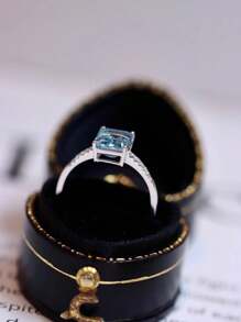 Anel de Aquamarina Quadrado Incrustado de Diamante Estilo Ins em Prata Sterling 925, Design Versátil e Elegante para Mulheres