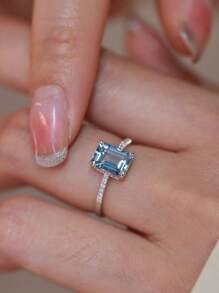 Anel de Aquamarina Quadrado Incrustado de Diamante Estilo Ins em Prata Sterling 925, Design Versátil e Elegante para Mulheres
