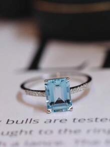 Anel de Aquamarina Quadrado Incrustado de Diamante Estilo Ins em Prata Sterling 925, Design Versátil e Elegante para Mulheres