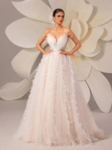 HEARBOBO 优雅细肩带性感深 V 领派对鸡尾酒礼服，浪漫仙女薄纱 A 字型新娘婚纱 - 白色 - 查看 6