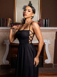 Gabriela Brilliant Tulle Side Cross Dress - 黑色 - 查看 3