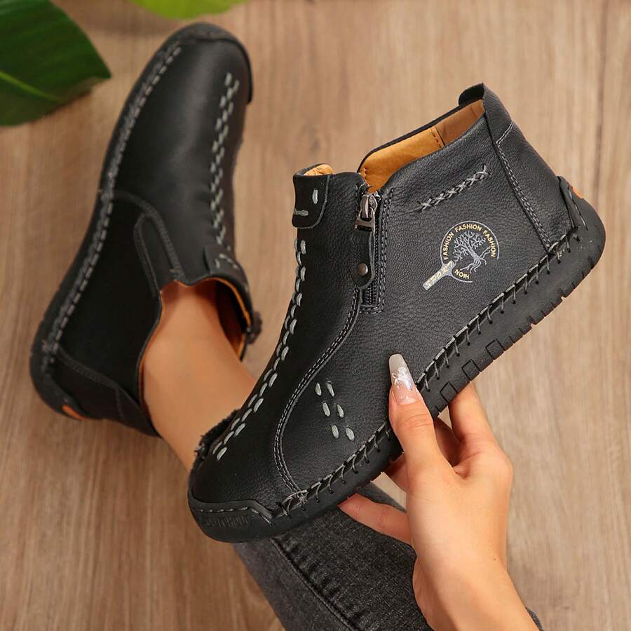 Women's Leather Lace-Up Oxford Ankle Boots - Lightweight, Non-Slip Casual & Work Shoes With Rubber Sole - 黑色 - 查看 1