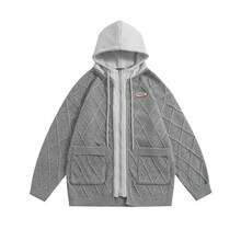 Patchwork Two Piece Hooded Sweatshirt College Style Cardigan Top Jacket