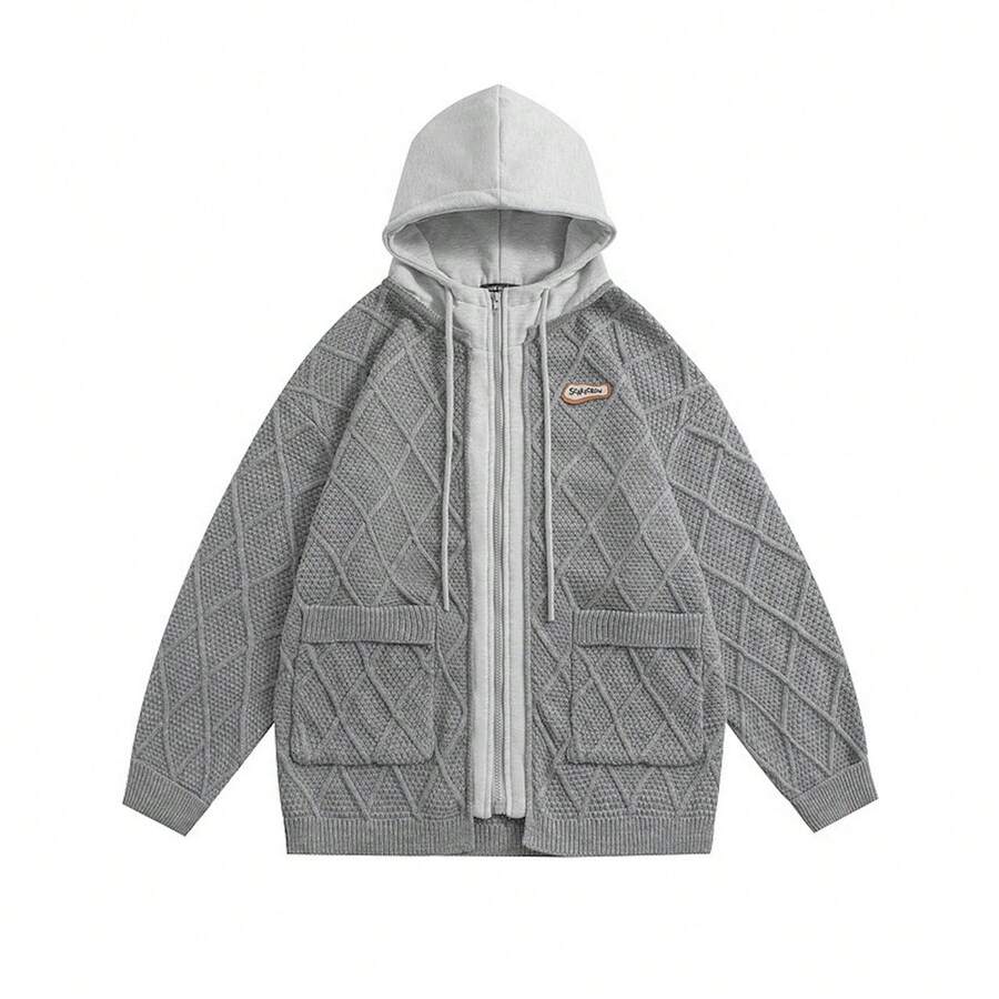 Patchwork Two Piece Hooded Sweatshirt College Style Cardigan Top Jacket