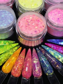 12pcs/Set Acrylic Powder Kit, 12 Colors/Set 10ml Box Mermaid Hexagon Glitter Acrylic Powder For Nail Art, Sculpture Dipping 3-In-1 Professional Acrylic Polymer Glitter Nail Powder, No Need Nail Lamp - 彩色 - 查看 3