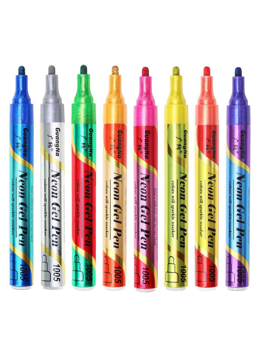 Bộ 8 bút gel nhũ dùng cho thiệp chúc mừng, nhật ký, nghệ thuật làm móng, bút dạ neon, bút dạ vẽ đầu cứng 3mm, có thể pha trộn, tô nhiều lớp màu - Nhiều màu - Xem 1