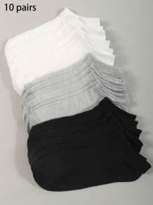 Sports Outdoor 10 Pairs Ladies Simple Solid Color Breathable Flat Summer Ankle Socks, Black/White/Grey