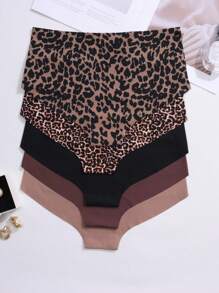 5 peças/Pacote Calcinha Triângulo Sem Costura com Estampa de Onça Feminina, Macia e Respirável