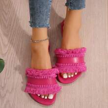 Women's Slip-On Sandals With Tassel & Straw Fabric - Perfect Summer Footwear - Màu Hồng Tươi - Xem 9