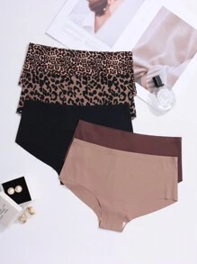 5 peças/Pacote Calcinha Triângulo Sem Costura com Estampa de Onça Feminina, Macia e Respirável