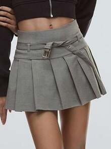 School Style Solid Color Belt Decorated  Pleated Mini Skirt - Grey - View 5