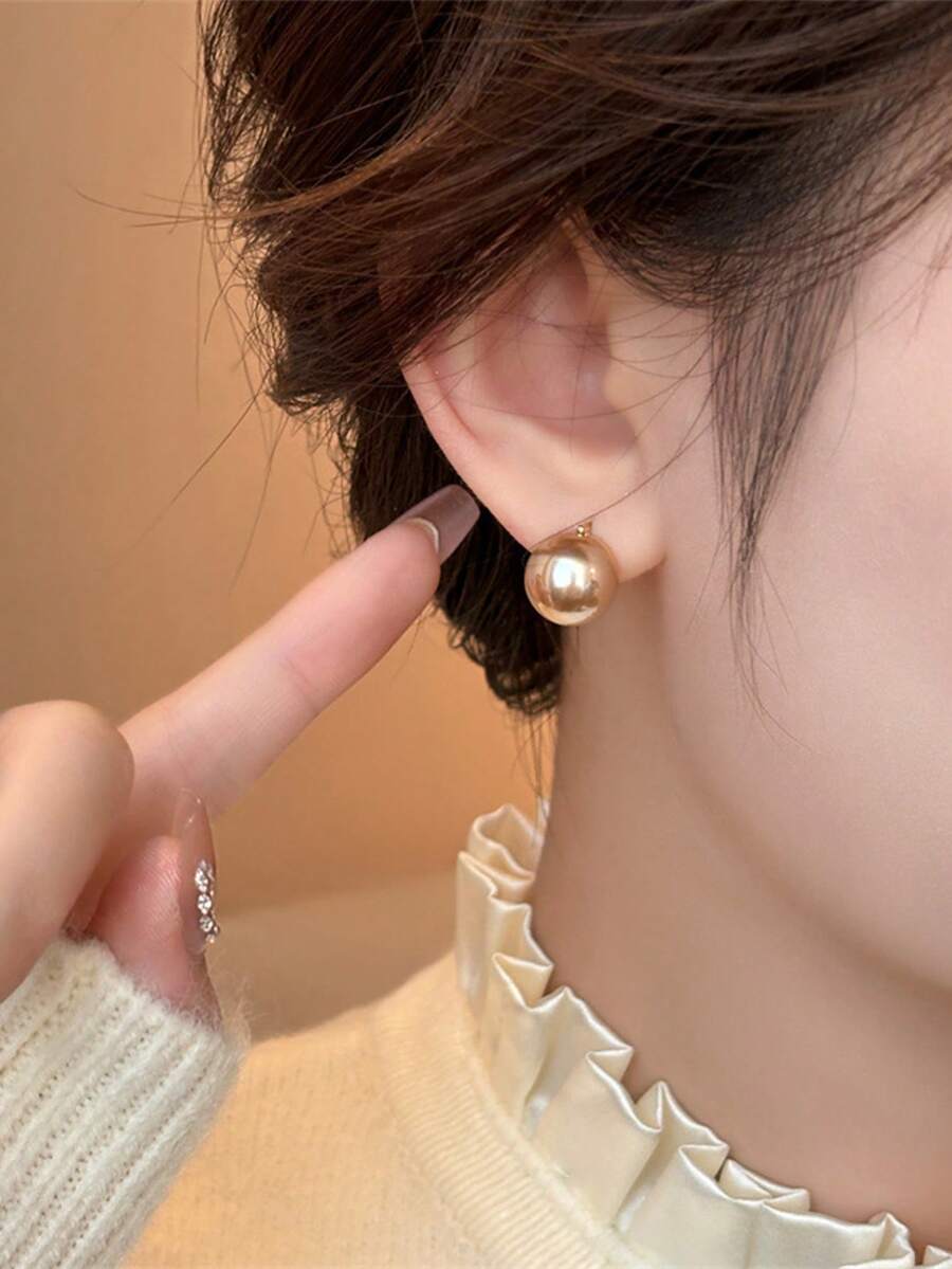 topshiny 1 对女士金色高光半圆珍珠耳环，奢华百搭珠宝耳钉，送给女孩的理想礼物 - 香檳色 - 查看 1