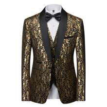 Caelus (Suit Jacket + Trousers + Vest) Men's Three-Piece Wedding Suit, Formal Three-Piece Groom's Jacket Suit, Printed Slim-Fit Suit, Men's Luxury Business And Social Attire. - Black - View 2