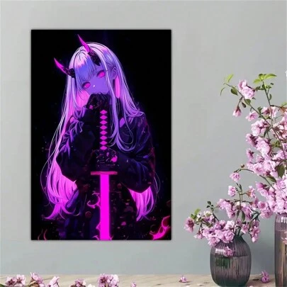 1 幅《持剑的恶魔女孩》动漫帆布艺术印刷品 - 无框墙壁装饰，适合客厅和卧室，完美的节日礼物