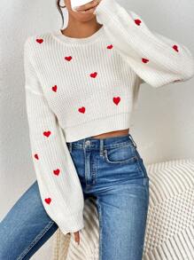 1 Peça Suéter Bordado Feminino de Primavera/Verão, Top de Tricô com Padrão Coração Chique e Doce, Cropped Casual Versátil, Top Feminina de Gola Redonda e Manga Longa, Streetwear