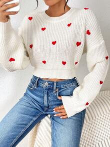 1pc Women's Spring/Summer Embroidered Sweater, Sweet Chic Heart Pattern Knit Top, Soft Casual Versatile Crop Top, Round Neck Long Sleeve Pullover Women Tops, Streetwear