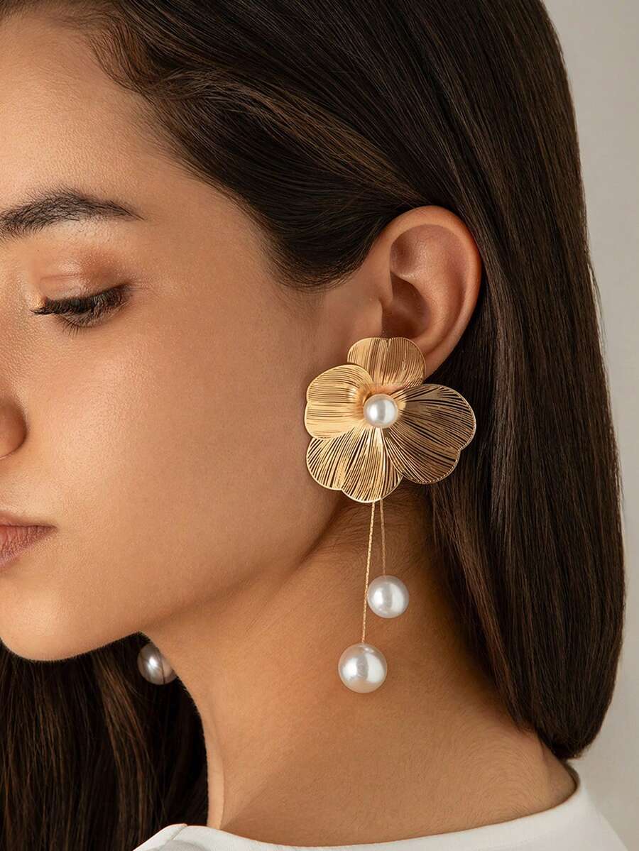 1 件欧洲金属纹理 3D 银杏叶和花朵耳钉，可爱百搭仿珍珠流苏耳环 - 彩色 - 查看 1