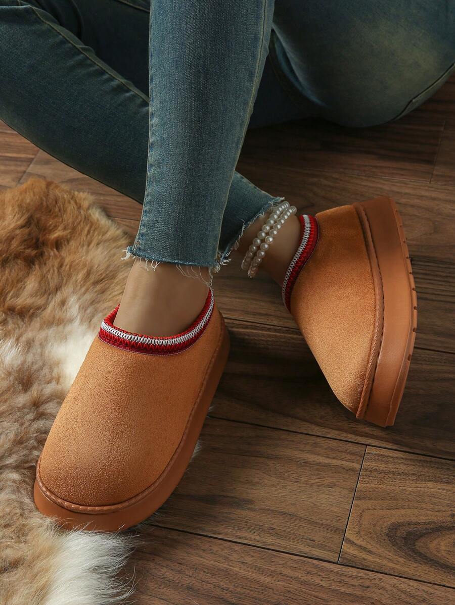 女士冬季保暖内衬雪地靴，厚楔形厚底，时尚户外保暖内衬冬鞋 - 棕色 - 查看 1