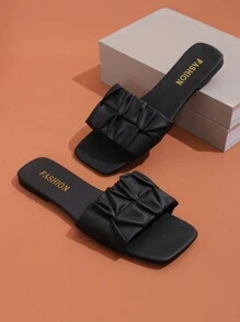 Wide Fit Thong Sandals For Women, Summer Non-Slip Soft Sole Casual Slippers, Outdoor Beach Flip Flops, Fashionable Square Toe Slides - Black - View 9