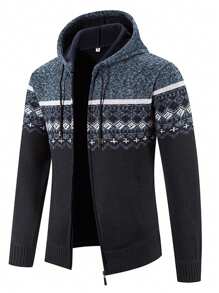 男士连帽针织毛衣，全拉链羊毛衬里开衫休闲常规版型针织连帽衫 - 黑色 - 查看 3