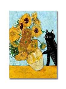 1 Pc, Canvas Printing Painting, Modern Creative Style, Cute And Mischievous Cat, Bumped Into Vase, Classic Work Sunflower, Room Decoration Stuff, Wall Art Poster No Frame, Multiple Sizes Available Large Size 60*90cm, Living Room Sofa Background Decor, Foyer Corridor Decor, Home Decor, Bedroom Decor, Bathroom Decor, Decor Room, Office Decor, School Decor, Art Gift, PVC Rigid Pipe Safety Packaging - Multicolor - View 12