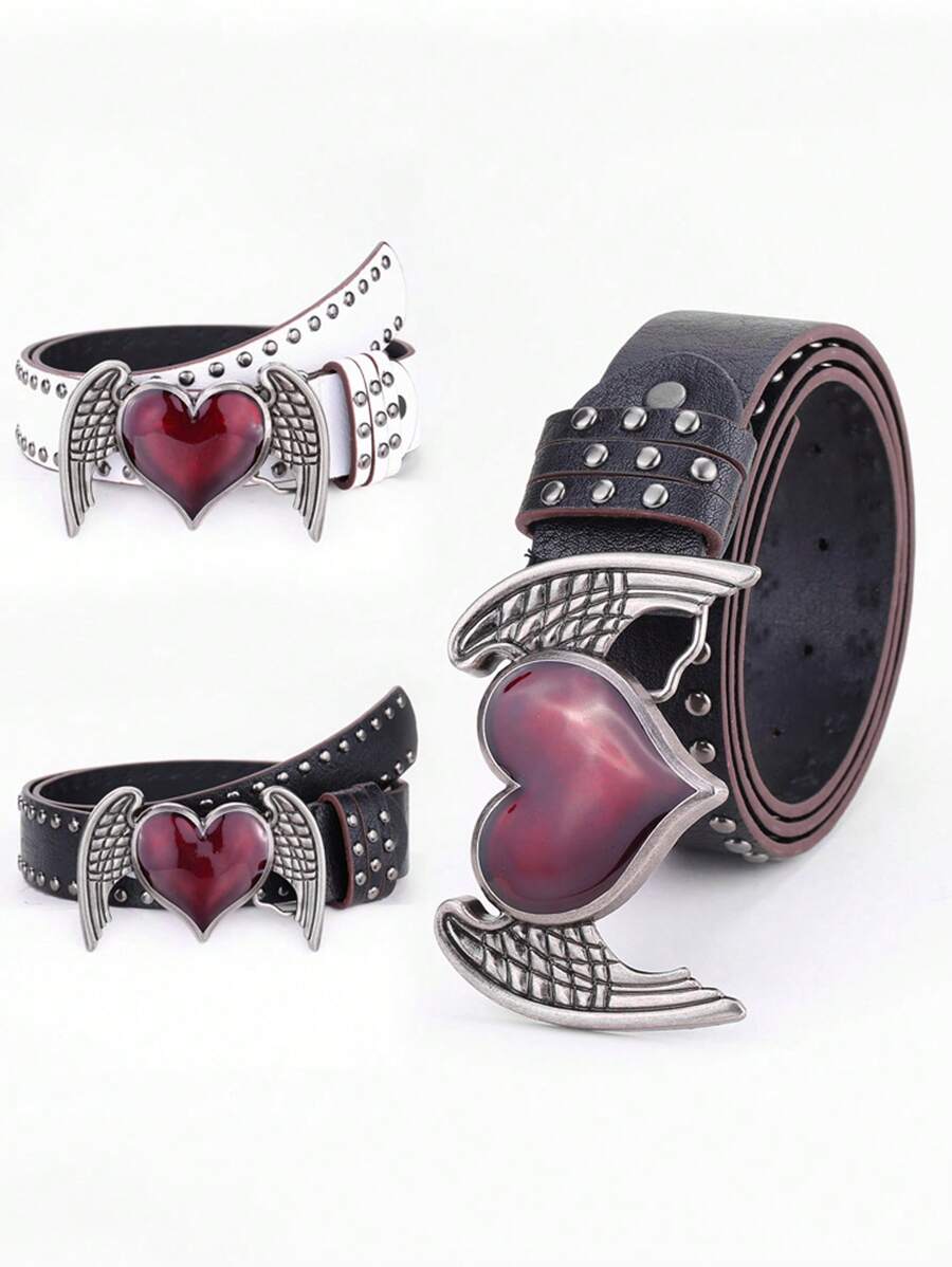 1 件朋克摇滚万圣节人造皮革铆钉心形腰带，适合女士，Y2K 时尚夏季、秋季、万圣节 - 多色 - 查看 1