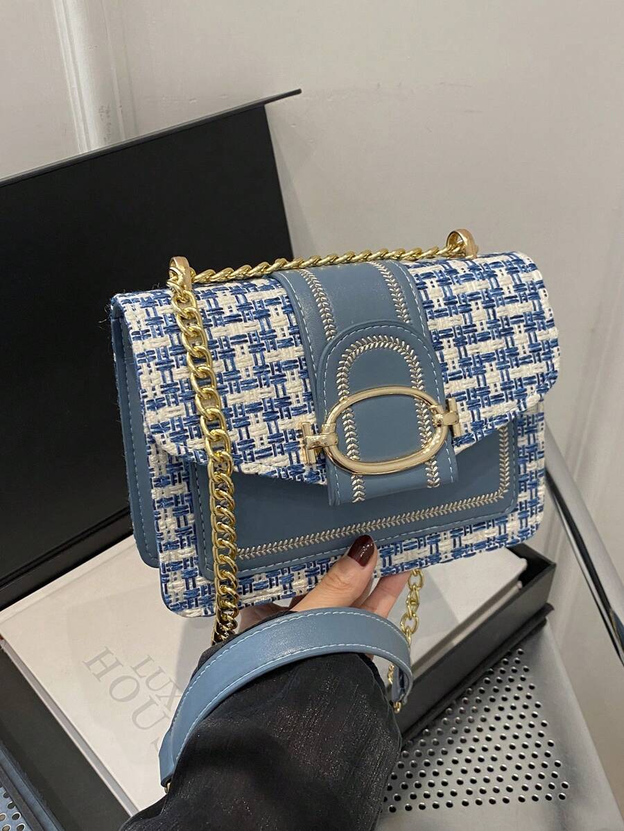 Plaid Pattern Flap Chain Square Bag - Blue - View 1