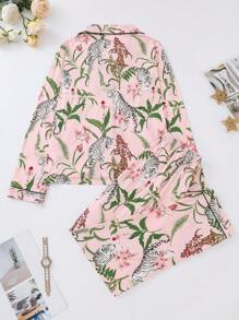 Conjunto de pijama de 2 piezas para mujer, con diseño floral y de tigre, para otoño e invierno. Incluye blusa de manga larga con solapa cómoda y pantalones holgados de cintura elástica. Conjunto casual de uso en casa o paseo, para vacaciones.