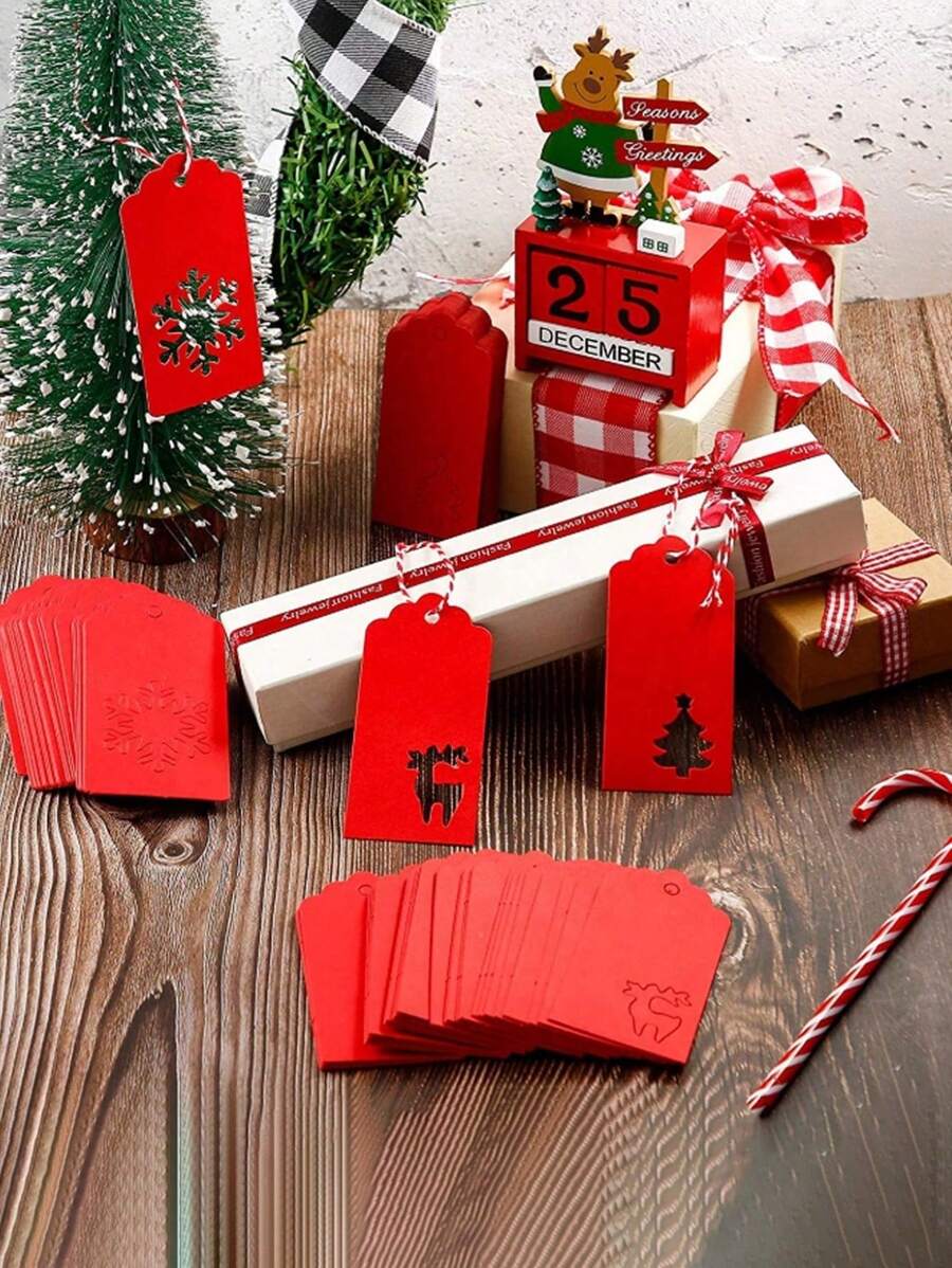 100 pièces/paquet Étiquettes de décoration de boîte à bonbons pour le cadeau de fête de Noël, cartes-cadeaux avec ficelles, Noël