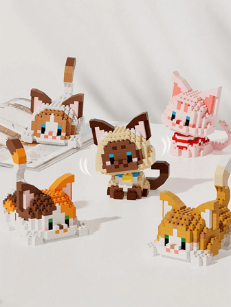 1pc Cute Cat Series Cartoon Figurine Plush Doll (Tabby Cat/Calico Cat/Cow Cat/Black Cat/Ragdoll Cat/Siamese Cat) Animal Model DIY Assembling Building Blocks Home Decor Birthday/Halloween/Christmas Gift Cat, Building Blocks, Halloween,Littlest Pet Shop,Number Blocks,Doll
