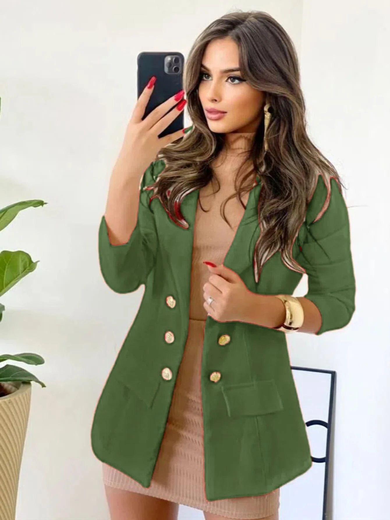Women's Tailored Blazer With Bortao - Army Green - View 1