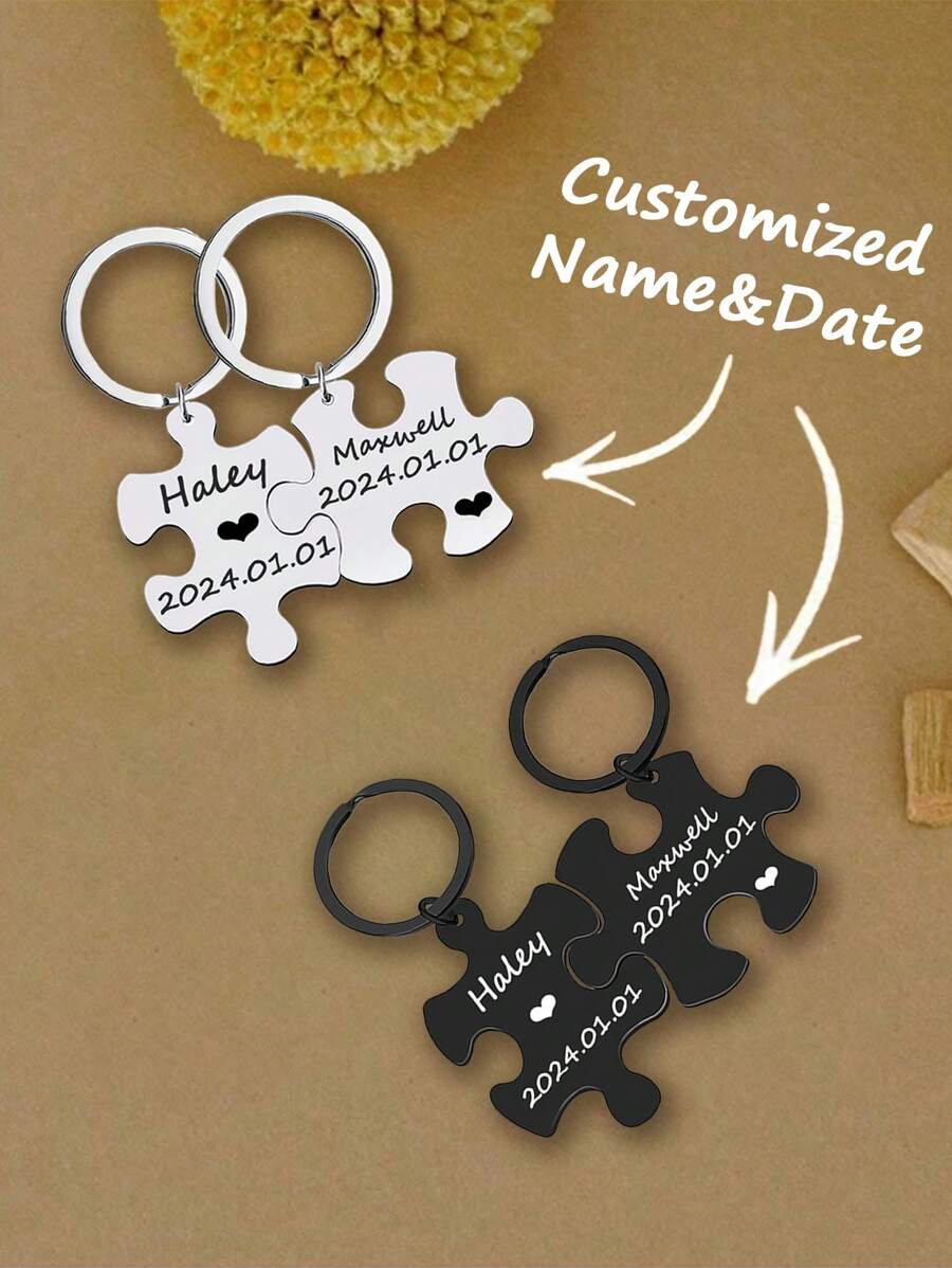 2 chiếc móc khóa cặp đôi bằng thép không gỉ tùy chỉnh, hình dạng câu đố, có thể cá nhân hóa bằng tên, quà tặng cho các cặp đôi hoặc những thứ quan trọng khác - tùy chỉnh thực hiện - Xem 1