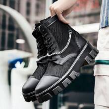 Men Breathable Mesh Hollow Platform Boots High Top Fashion Casual Leather Motorcycle Boots, British Style - Black - View 2
