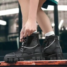 Men Breathable Mesh Hollow Platform Boots High Top Fashion Casual Leather Motorcycle Boots, British Style - Black - View 6