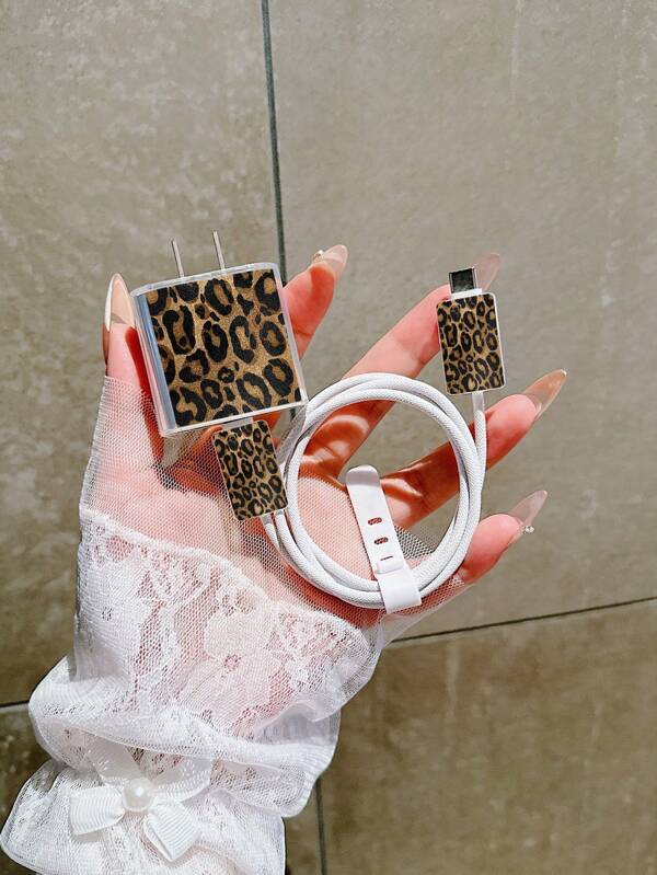 4pcs/Set Transparent TPU Leopard Print Charging Adapter & Cable Protector Case Compatible With Apple 20W Fast Charger Charger Protector