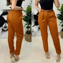 Women's Formal Tailored Trousers With Leather Belt And Pockets - Camel - View 2