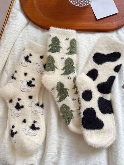 3pairs Mixed Dinosaur+Cow/Dinosaur+Leopard/Cow+Leopard Print Fluffy Plush Socks, Warm Thicken Cozy Soft Cute Casual Socks For Women Indoor Home Christmas