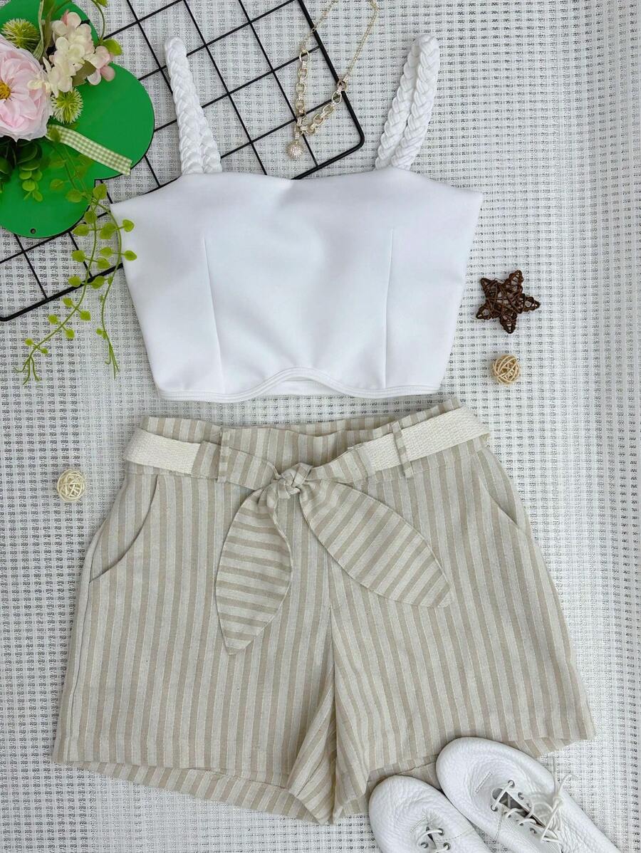Women's Neoprene Cropped Set With Padding + Striped Shorts With Belt - 杏色 - 查看 1