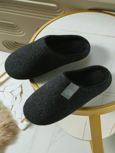 Men's Simple Fashionable Felt Fabric Logo Slippers, Quiet Soft Bottom Warm Indoor House Slippers For Men In Winter