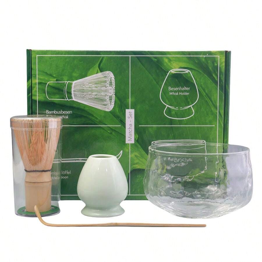 4PCS/Set Japanese Style Glass Matcha Set, Including Glass Tea Bowl, Tea Stand, Spoon, And Tea Whisk, Excellent Gift For Ceremonies And Traditional Japanese Decoration Back To School