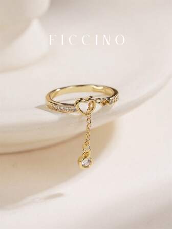  FICCINO Creative Hollow Heart Shaped Tasseled Gold-Plated Cubic Zirconia Adjustable Open Ring, Jewelry Gift With Box For Daily Wear, Party, Holiday, Anniversary, Friends Valentines