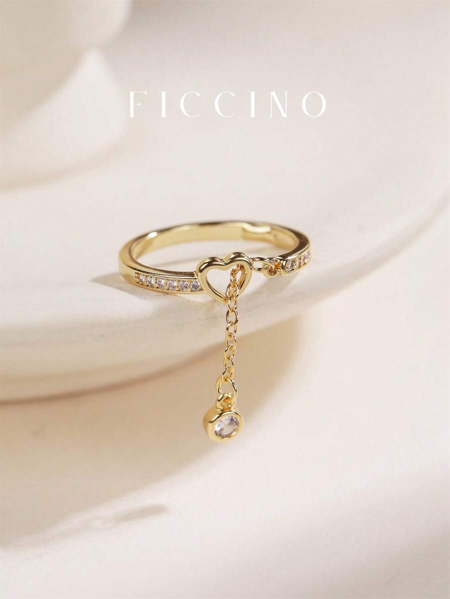 FICCINO Anillo ajustable con forma de corazón hueco, adornado con borlas y chapado en oro con circonita cúbica de FICCINO. Regalo de joyería con caja para uso diario, fiestas, vacaciones, aniversarios, amigos y San Valentín