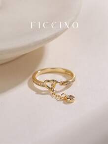FICCINO Anillo ajustable con forma de corazón hueco, adornado con borlas y chapado en oro con circonita cúbica de FICCINO. Regalo de joyería con caja para uso diario, fiestas, vacaciones, aniversarios, amigos y San Valentín