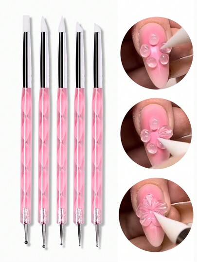 5Pcs Acrylic Nail Art Silicone Brush Carving Painting Tips UV Gel DIY Polish Dual-Head Modeling Drawing Sculpture Manicure Dotting Tools