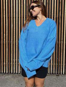 Loose V-Neck Oversized Fashionable Knit Sweater Top - Blue - View 5
