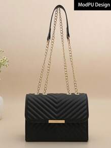 Bolso cruzado con solapa acolchada mini, bolso de hombro con correa de cadena, accesorio de moda para damas en verano