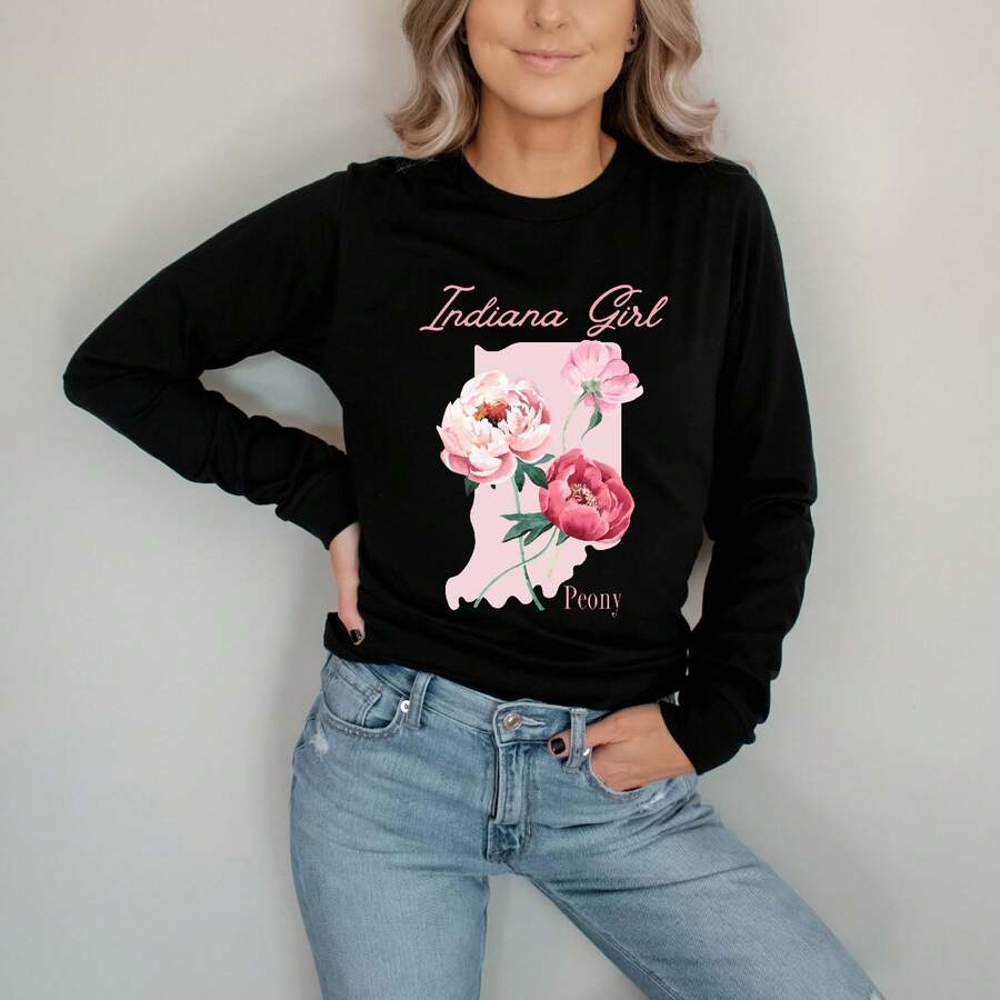 Indiana Girl Flower | Long Sleeve Graphic Tee - 黑色 - 查看 1