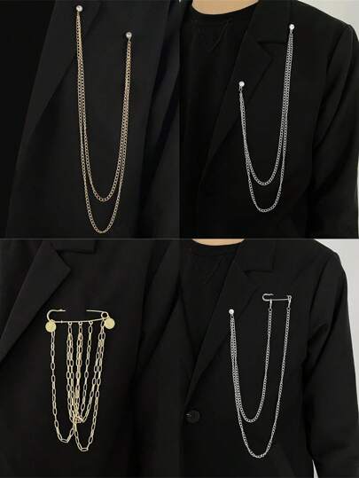 1pc Vintage Long Chain Suit Brooch Accessories, Stylish & Exaggerated Design Brooch Pin, Suitable For Men Party Wear